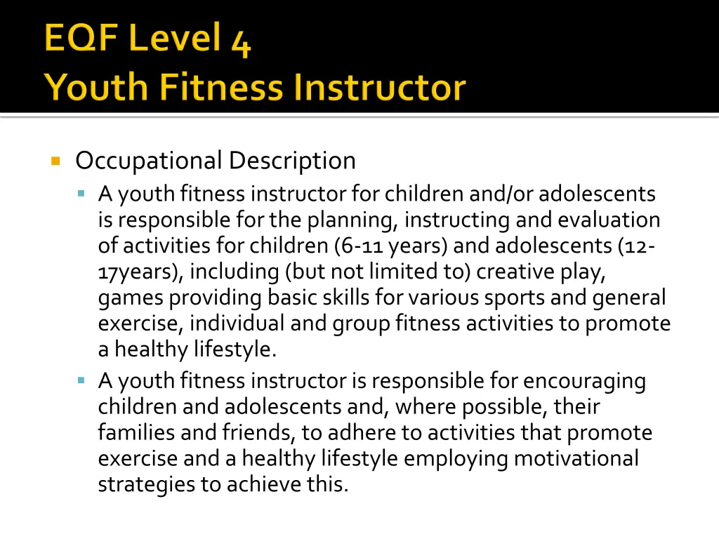 occupational description a youth fitness