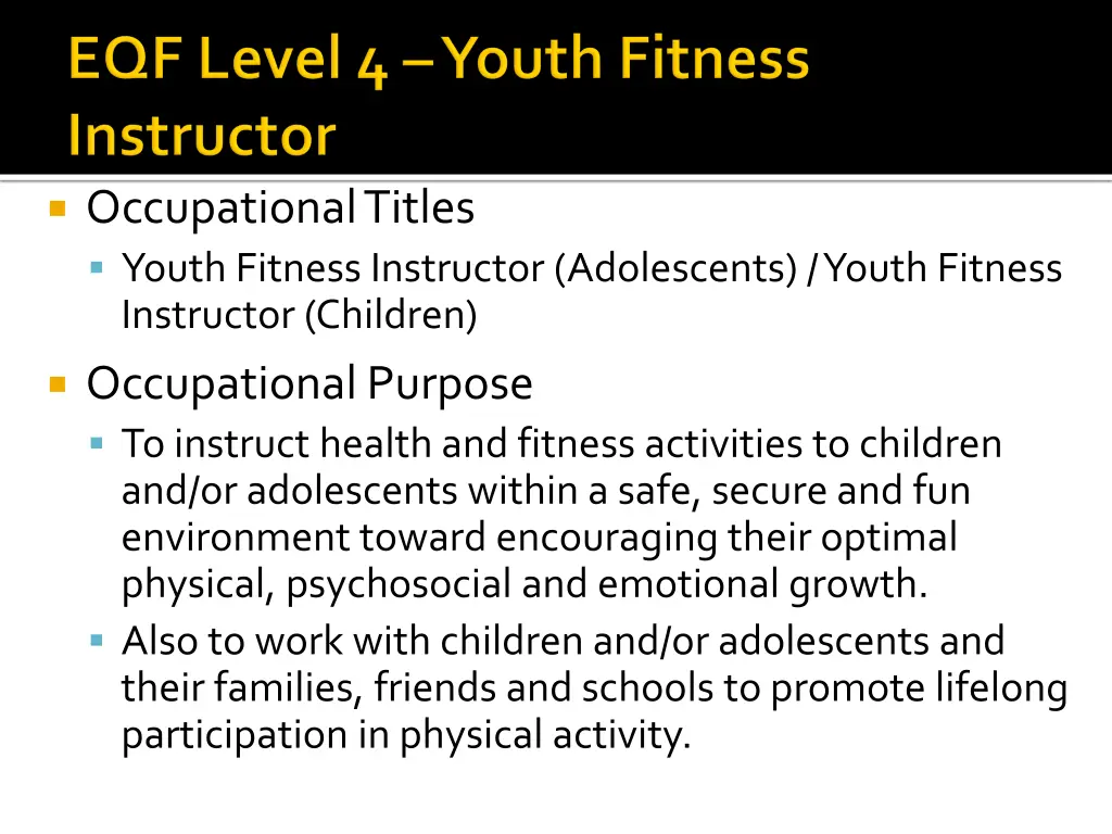 occupational titles youth fitness instructor