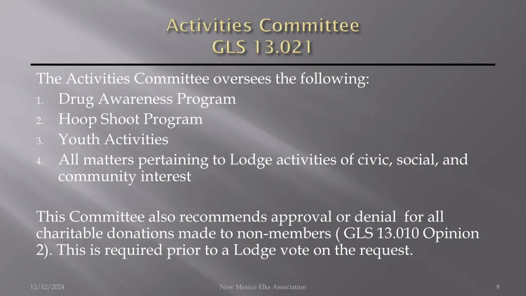 the activities committee oversees the following