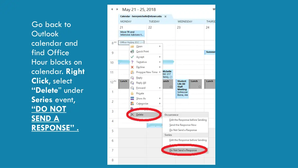 go back to outlook calendar and find office hour