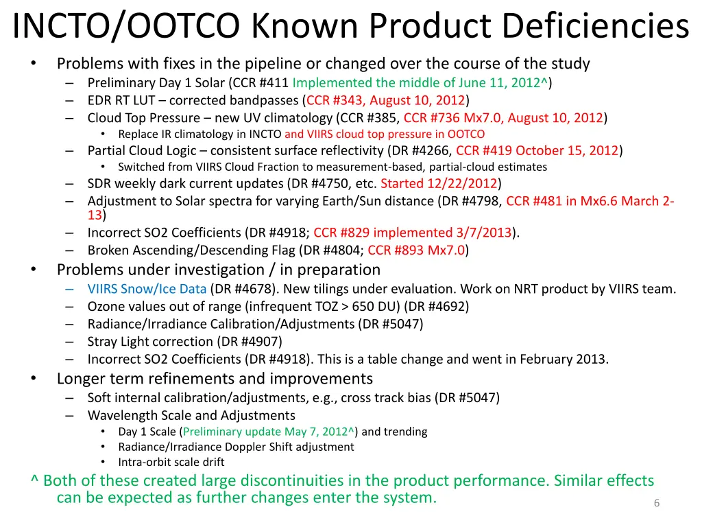 incto ootco known product deficiencies problems