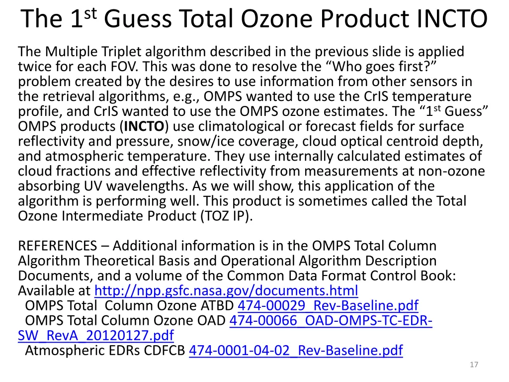 the 1 st guess total ozone product incto