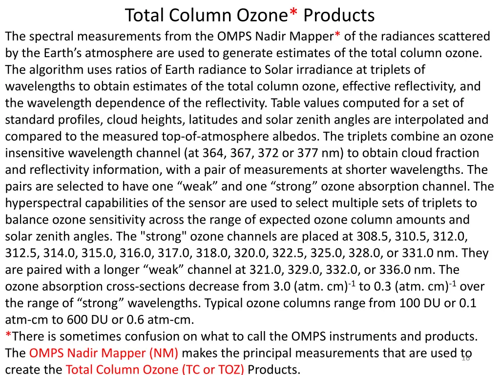 total column ozone products the spectral