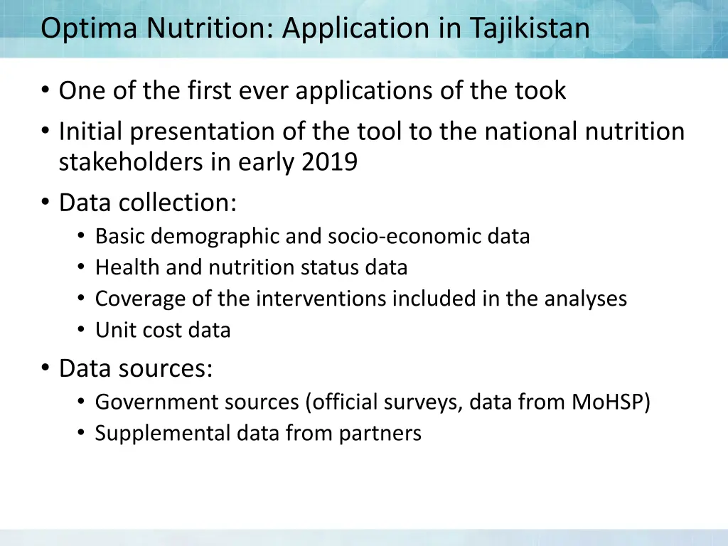 optima nutrition application in tajikistan