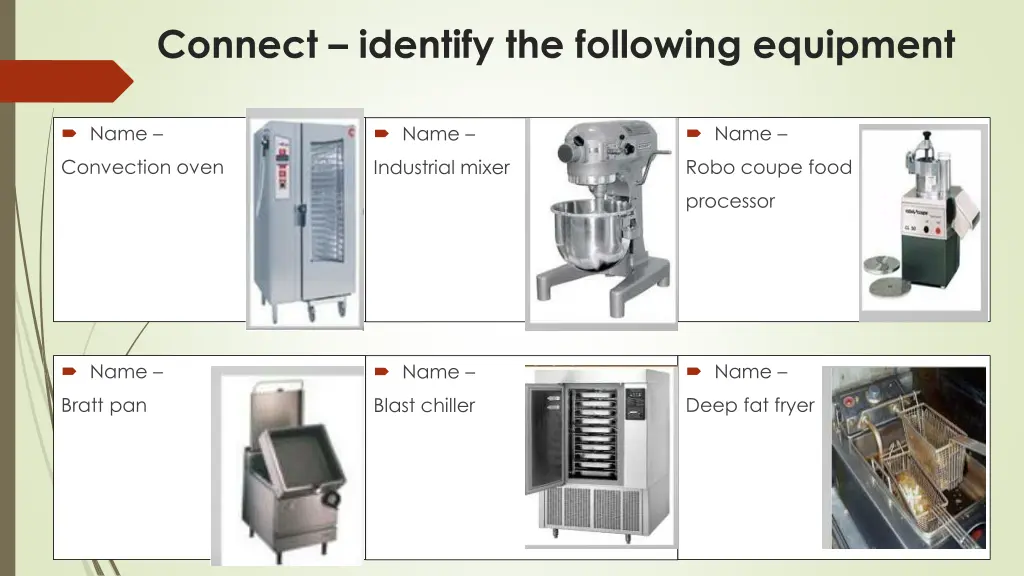 connect identify the following equipment