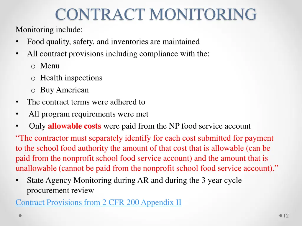 contract monitoring monitoring include food