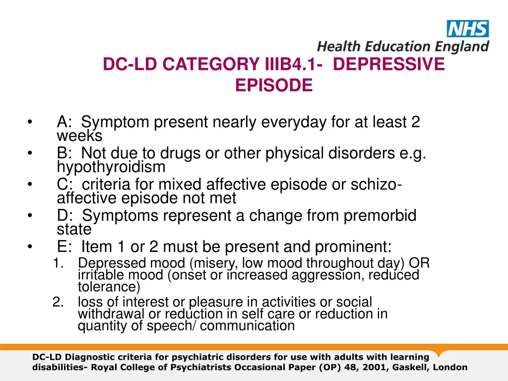 dc ld category iiib4 1 depressive episode