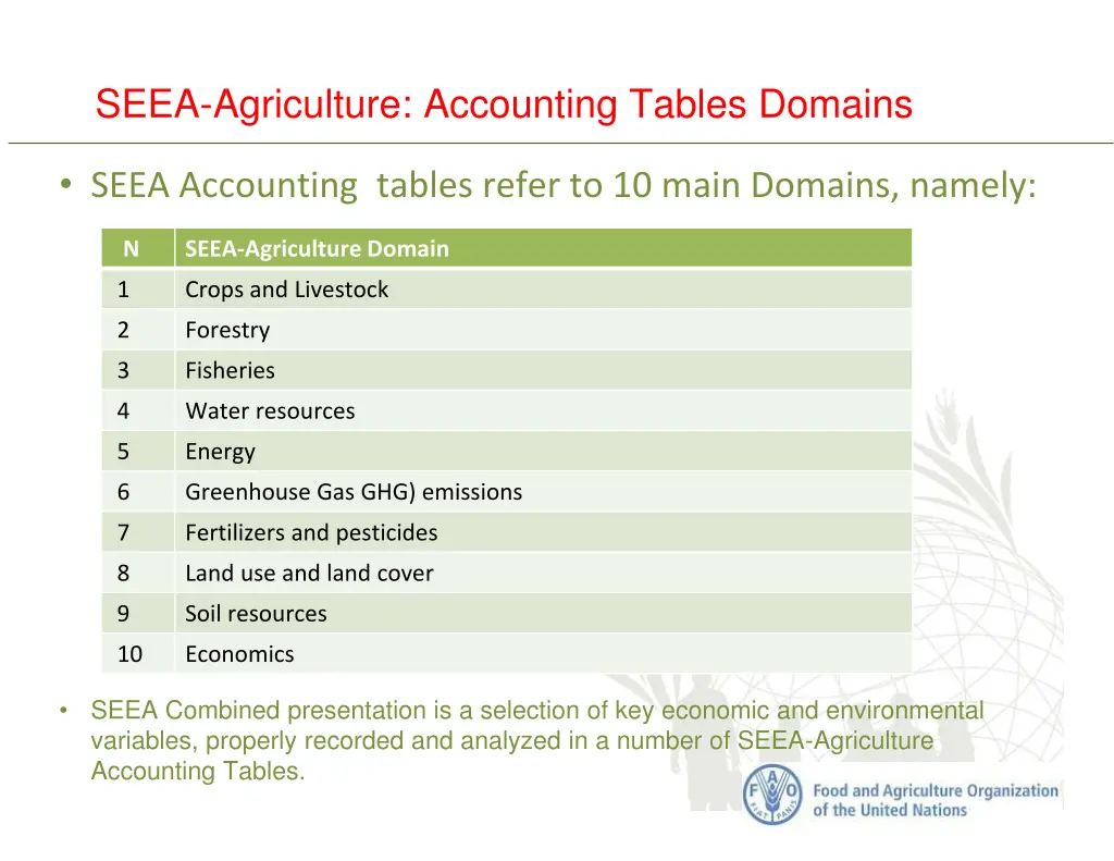 seea agriculture accounting tables domains