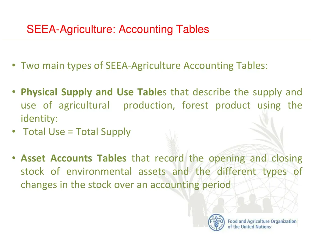 seea agriculture accounting tables