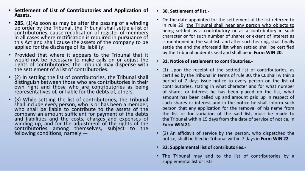 settlement of list of contributories