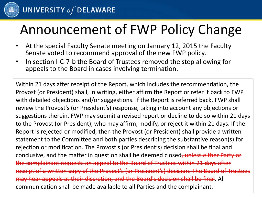 announcement of fwp policy change