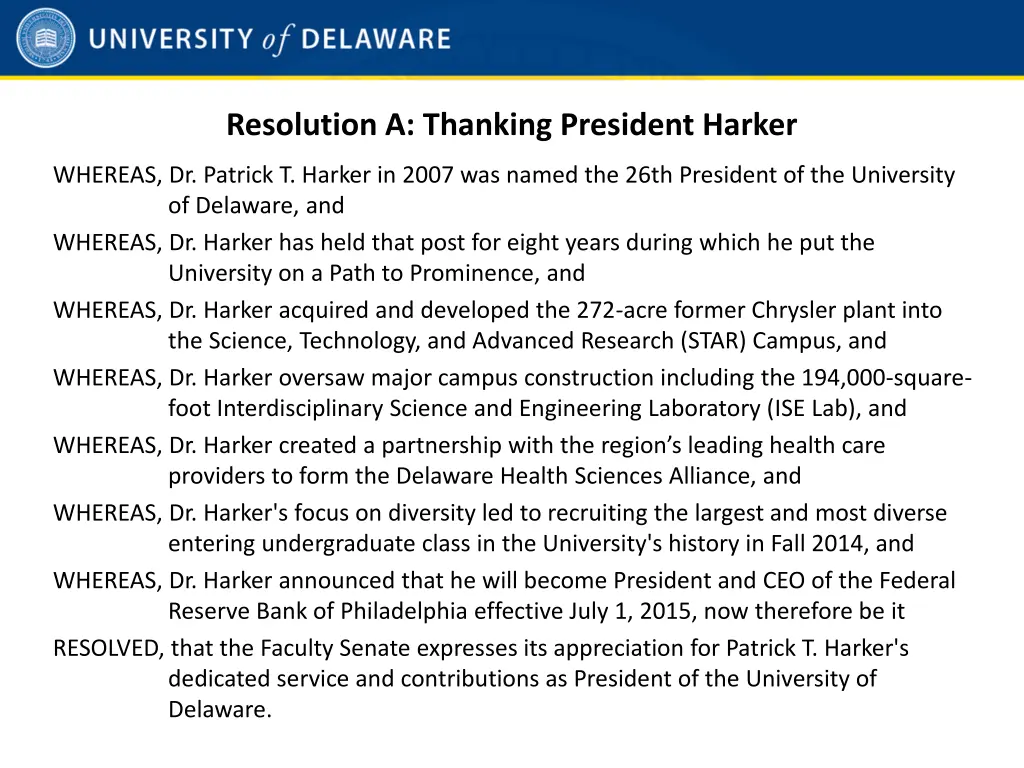 resolution a thanking president harker