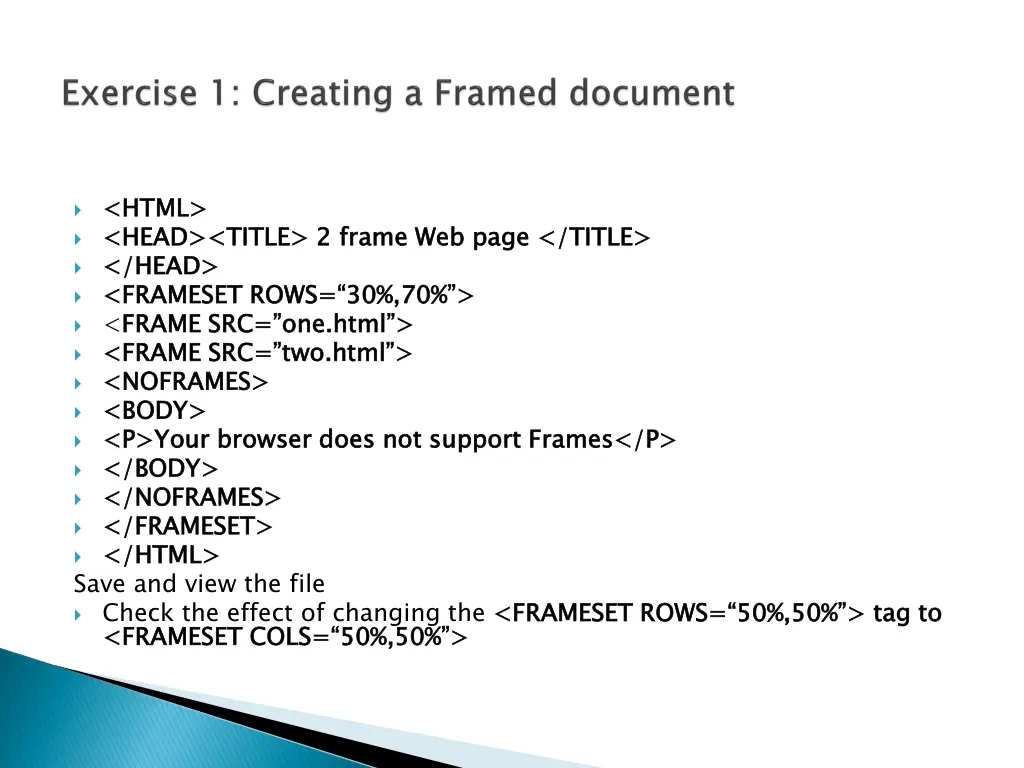 html head title head frameset rows frame