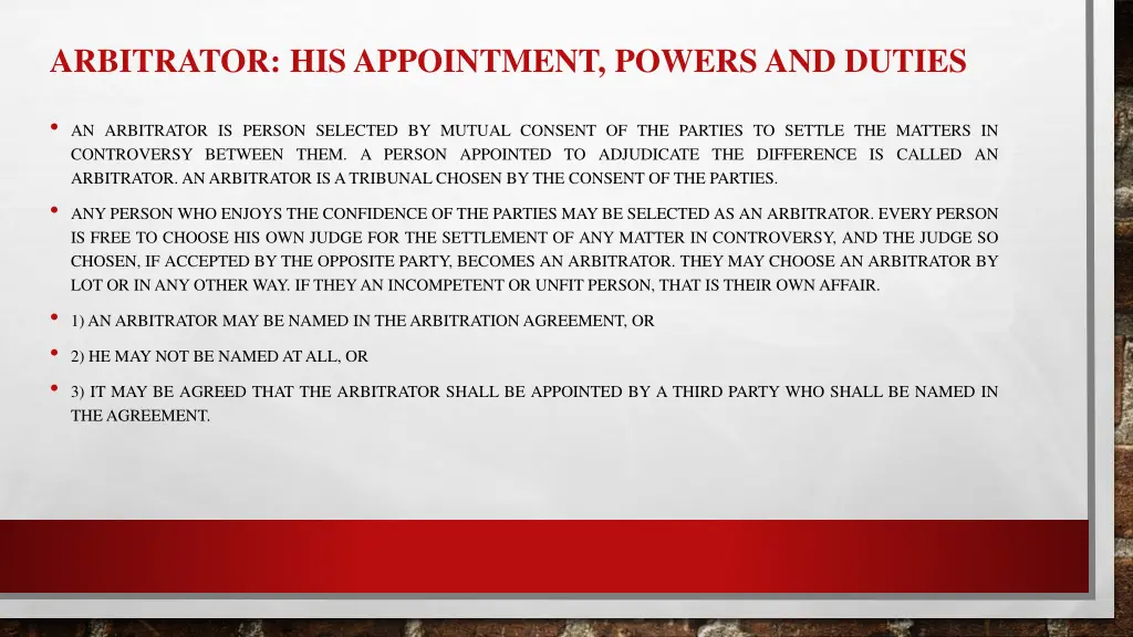 arbitrator his appointment powers and duties