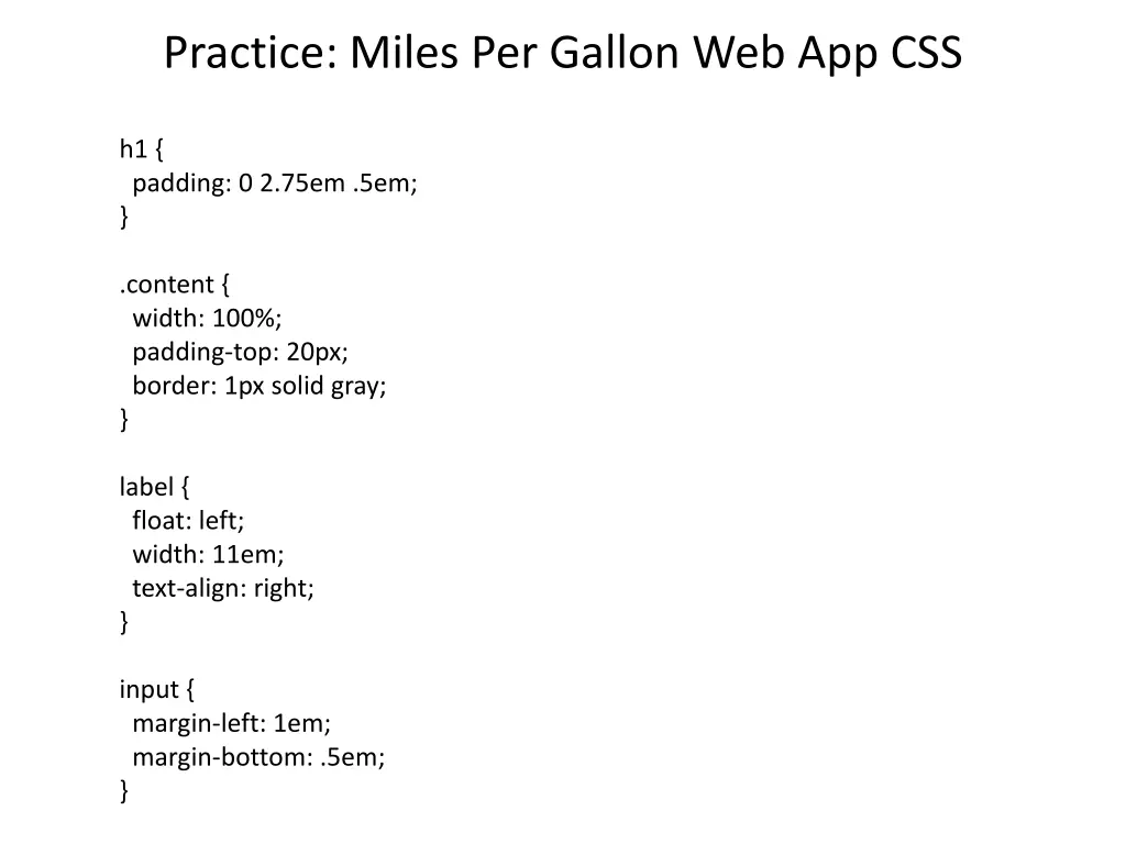 practice miles per gallon web app css