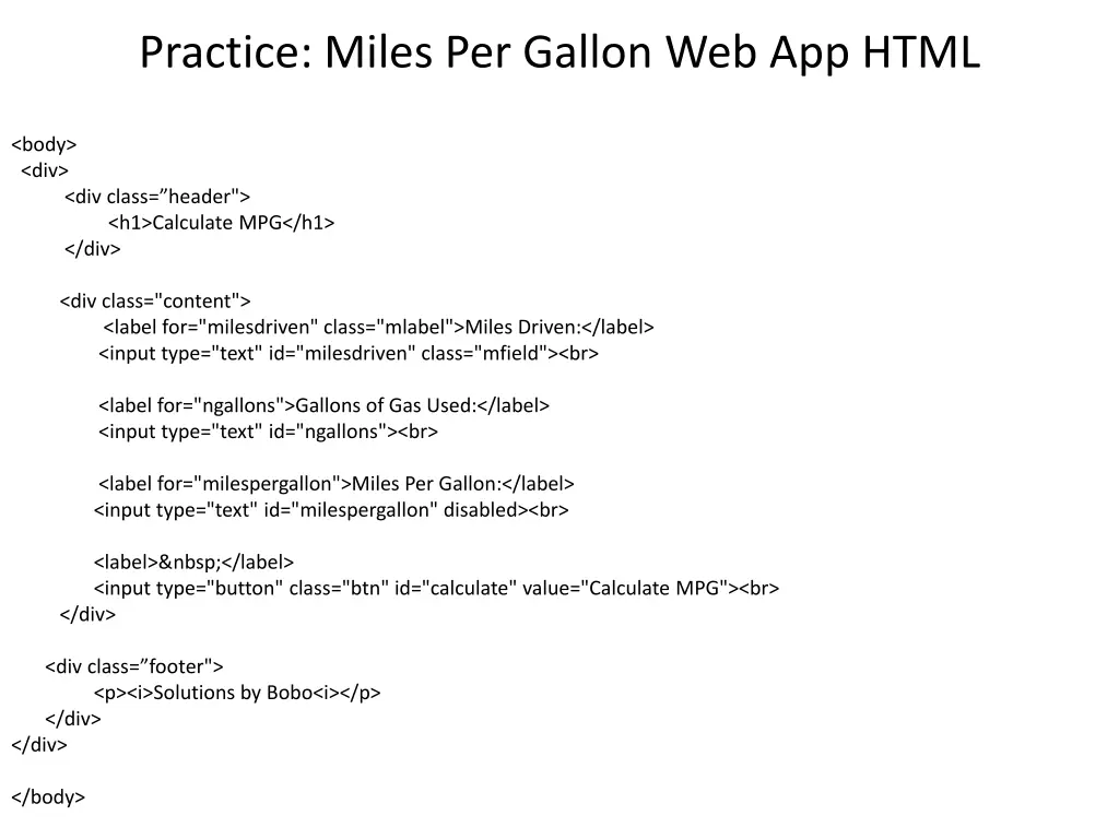 practice miles per gallon web app html