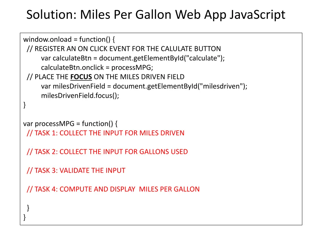 solution miles per gallon web app javascript