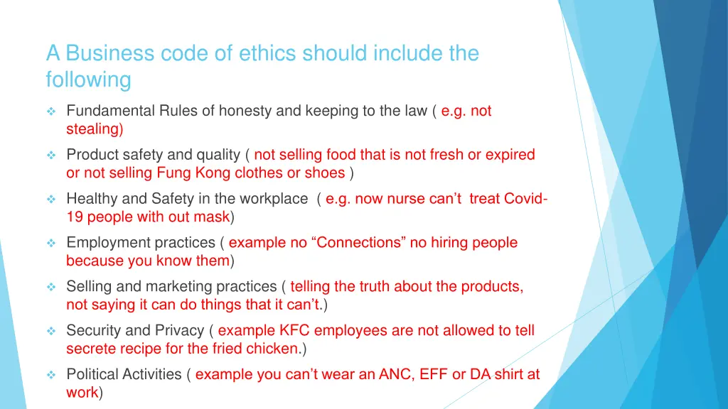 a business code of ethics should include