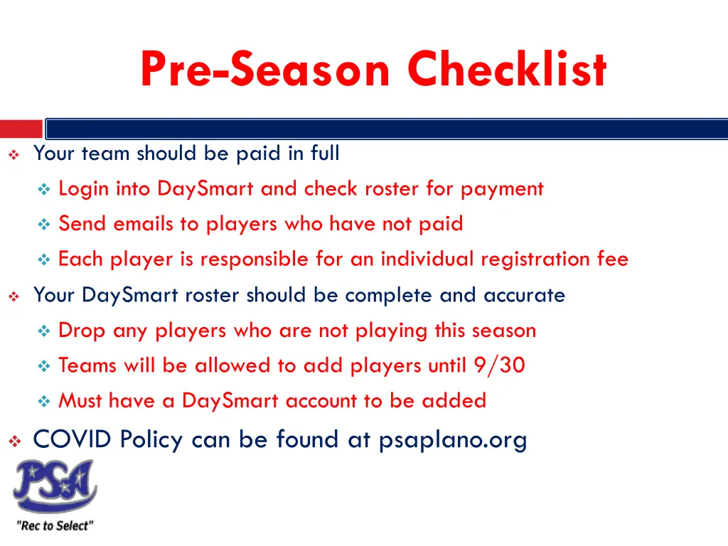 pre season checklist