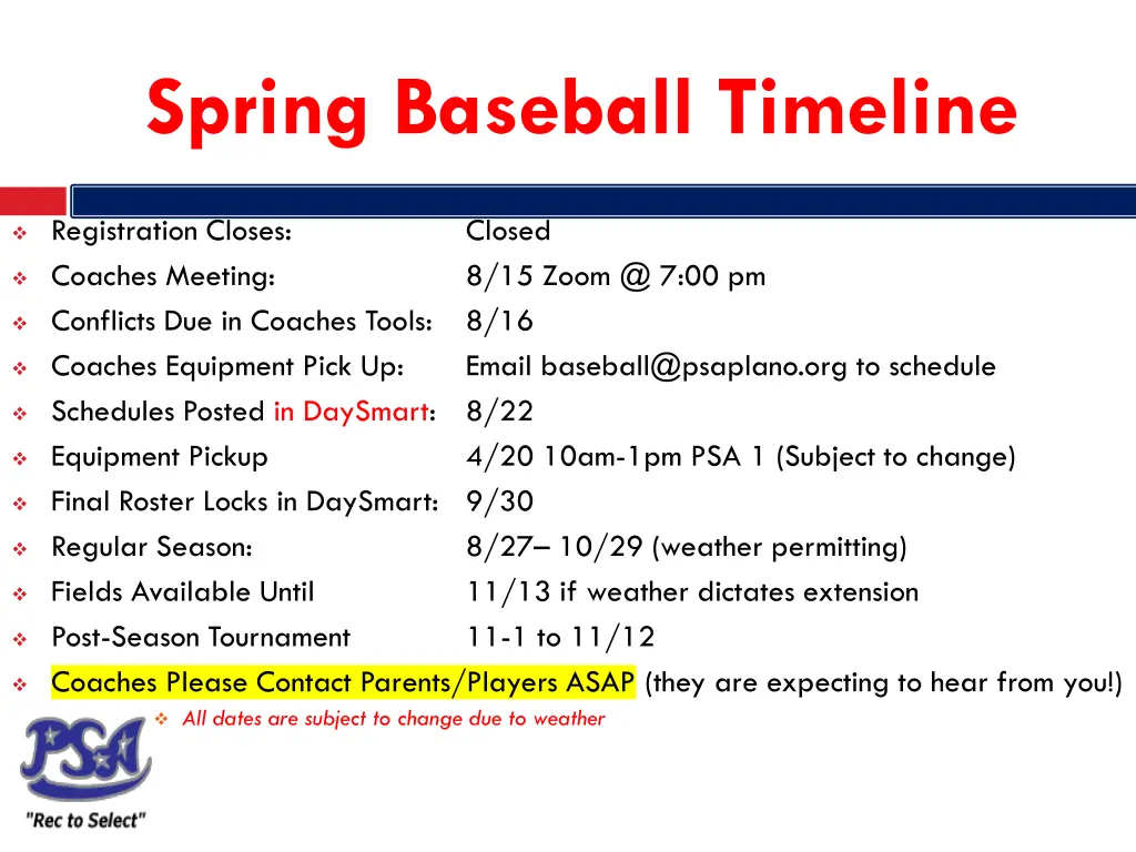 spring baseball timeline