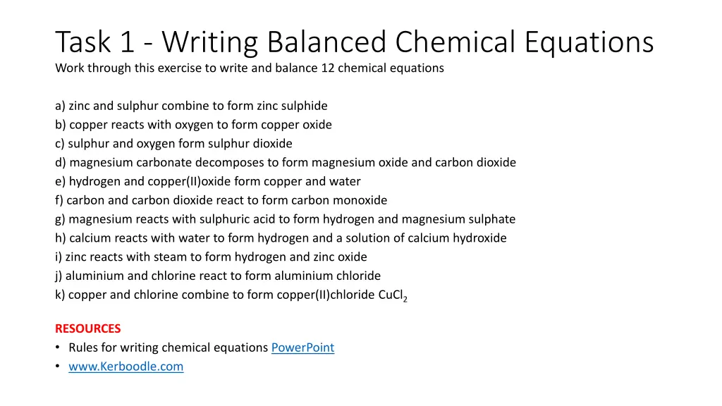 task 1 writing balanced chemical equations work