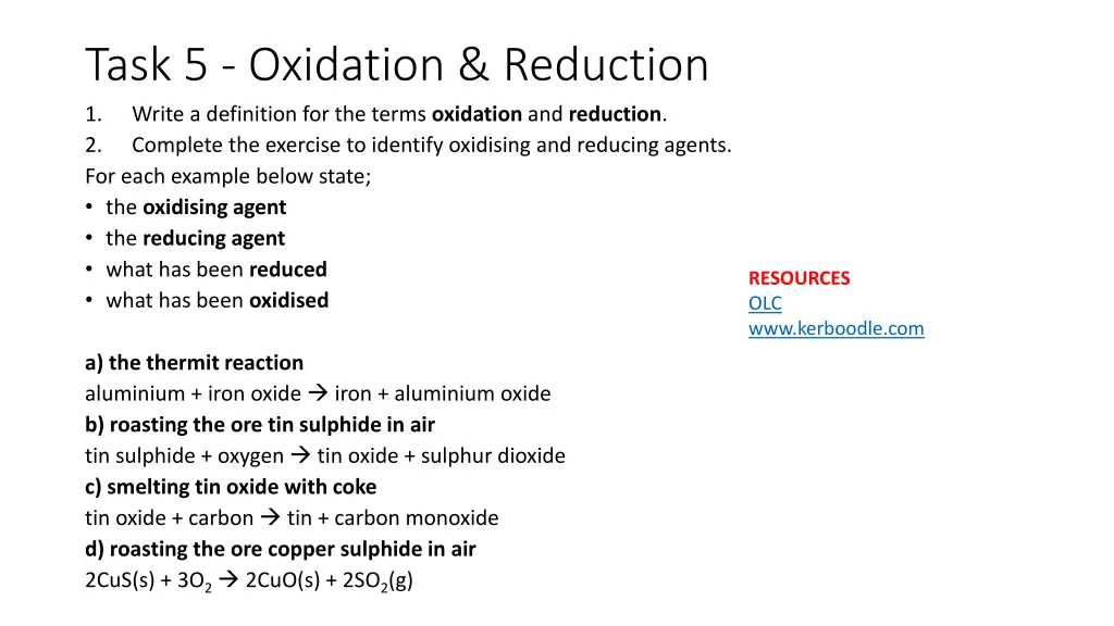 task 5 oxidation reduction 1 write a definition
