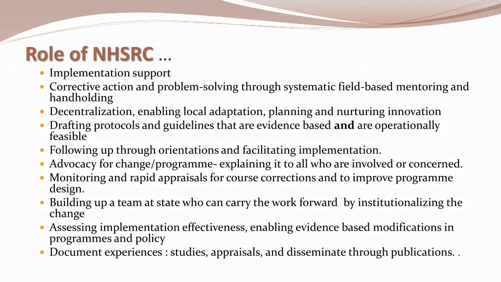 role of nhsrc implementation support corrective