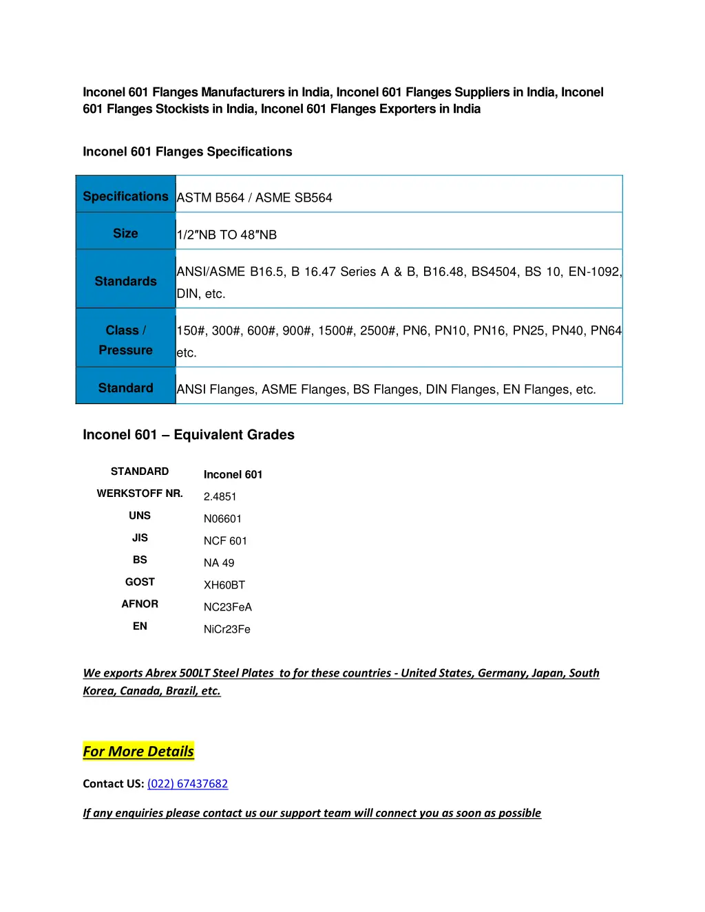 inconel 601 flanges manufacturers in india