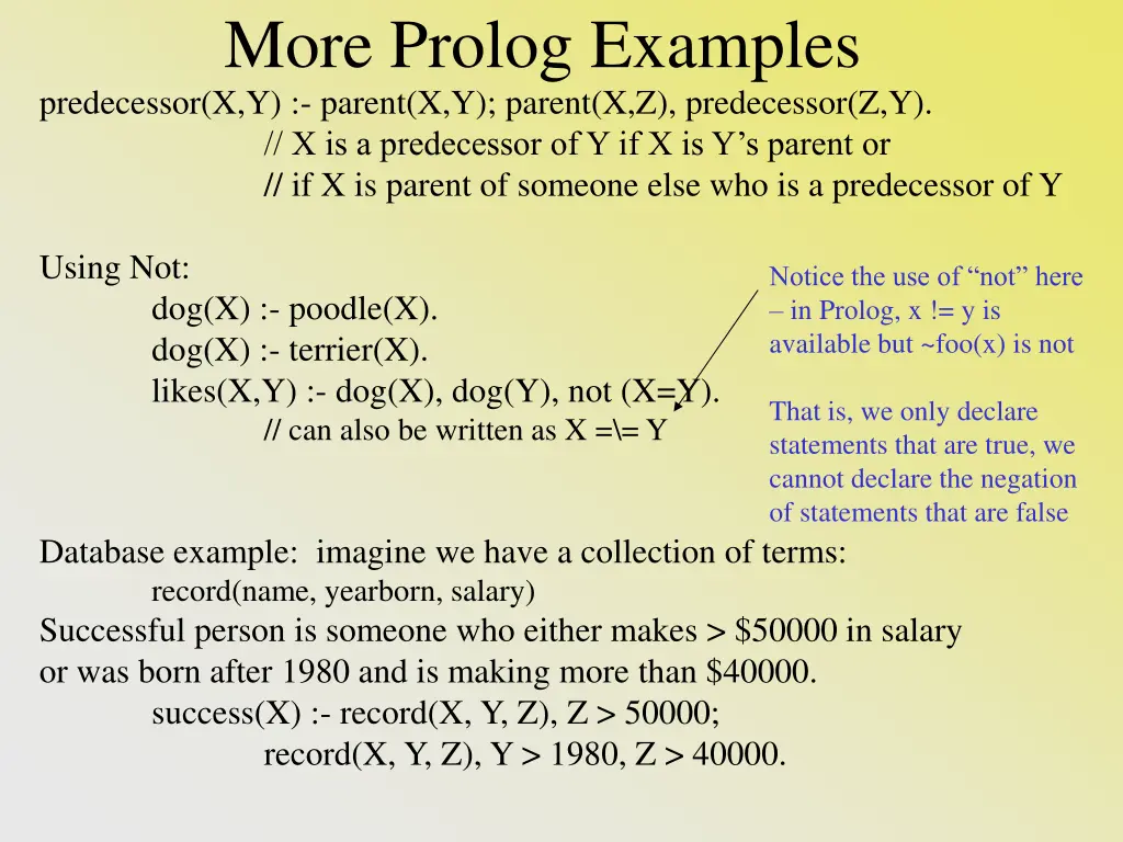 more prolog examples predecessor x y parent