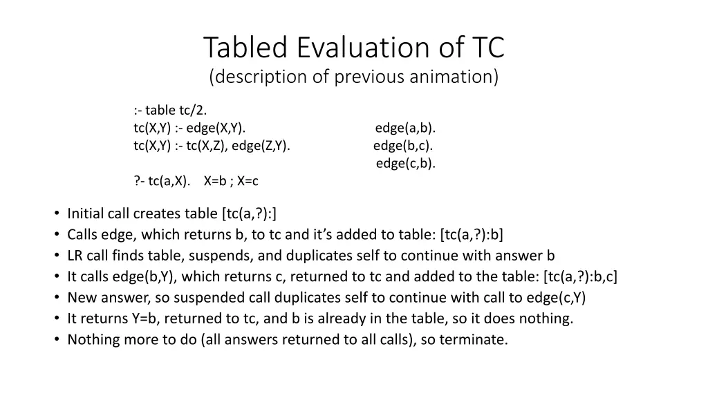 tabled evaluation of tc description of previous