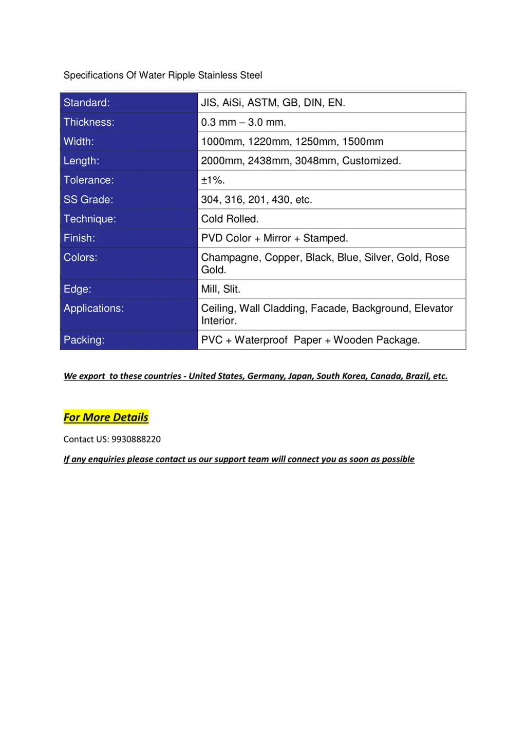 specifications of water ripple stainless steel