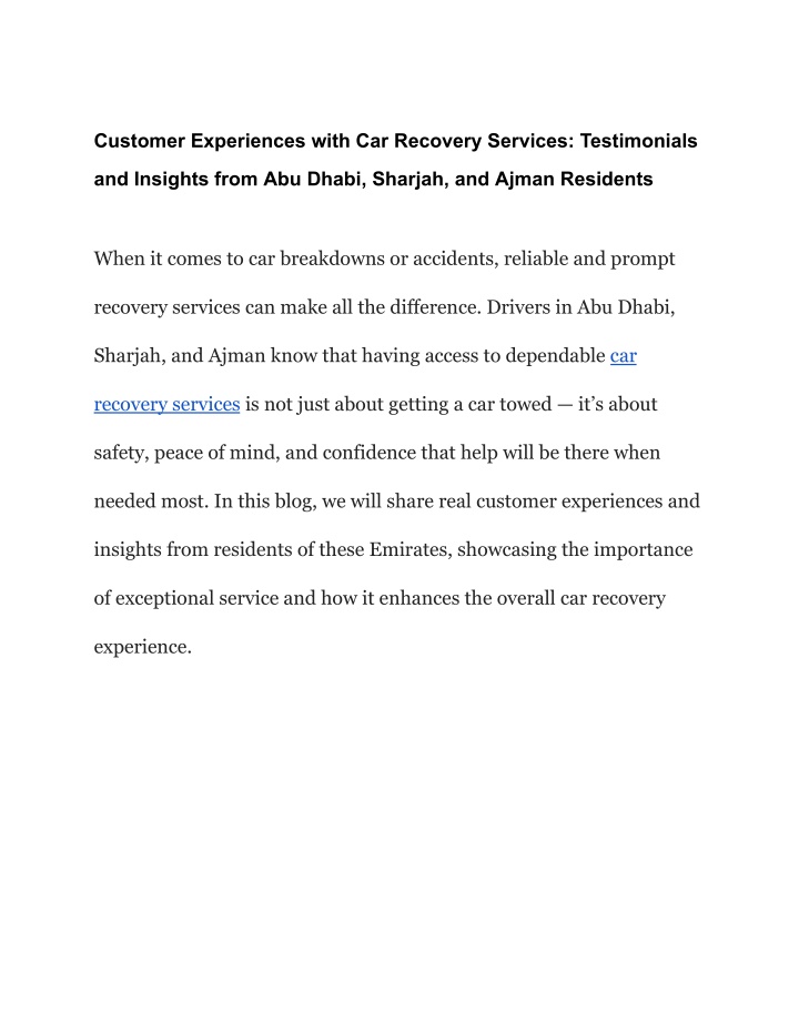 customer experiences with car recovery services