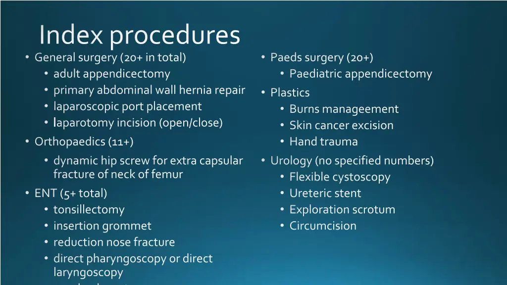 index procedures general surgery 20 in total