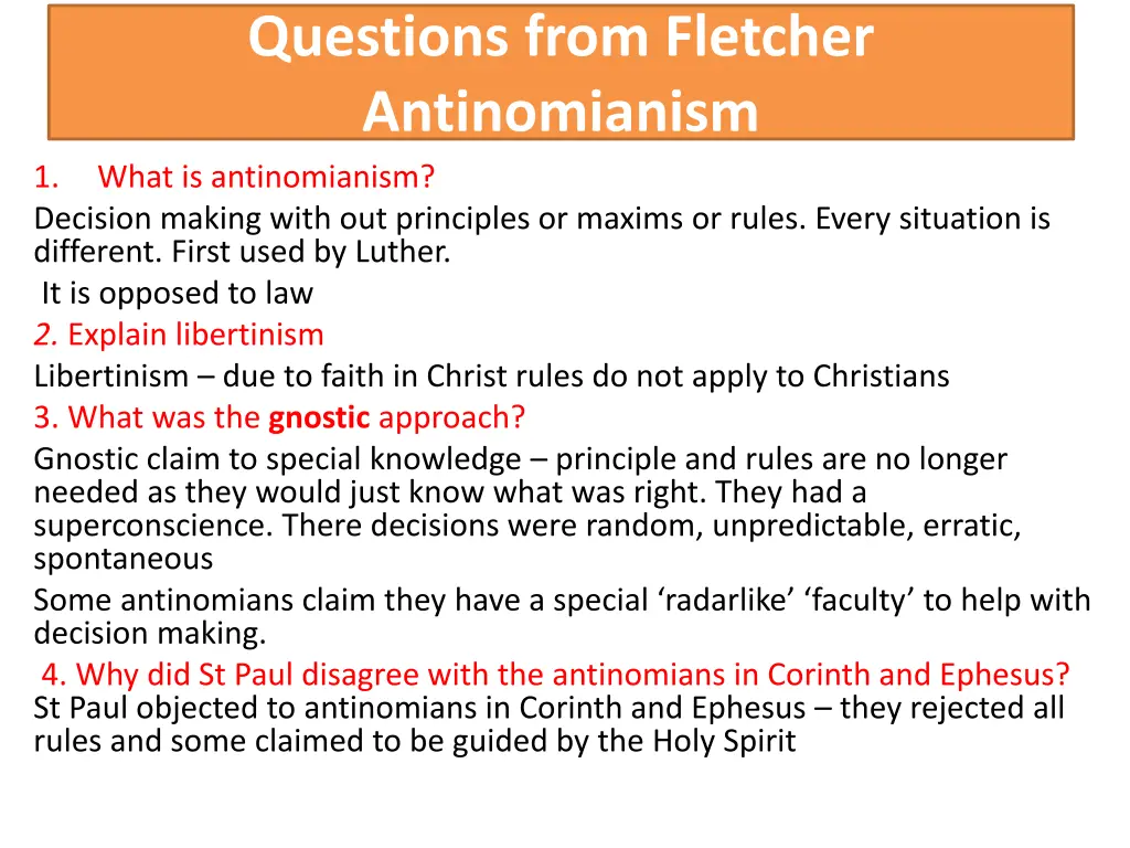 questions from fletcher antinomianism what