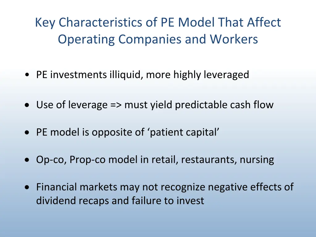 key characteristics of pe model that affect