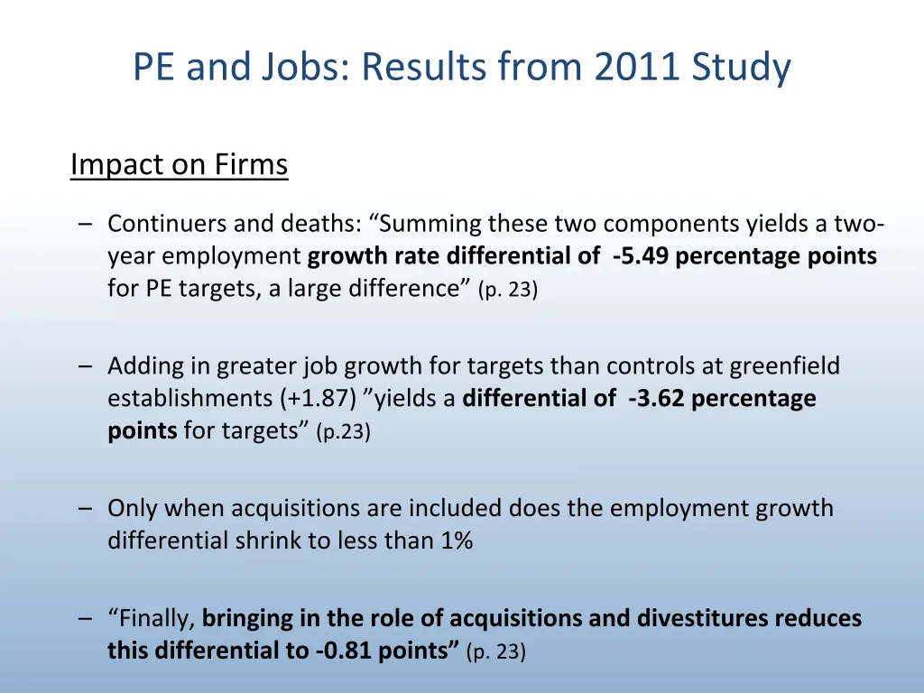 pe and jobs results from 2011 study