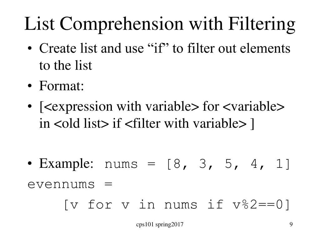 list comprehension with filtering create list