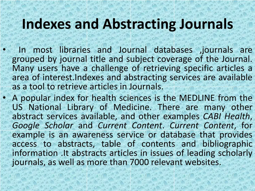 indexes and abstracting journals