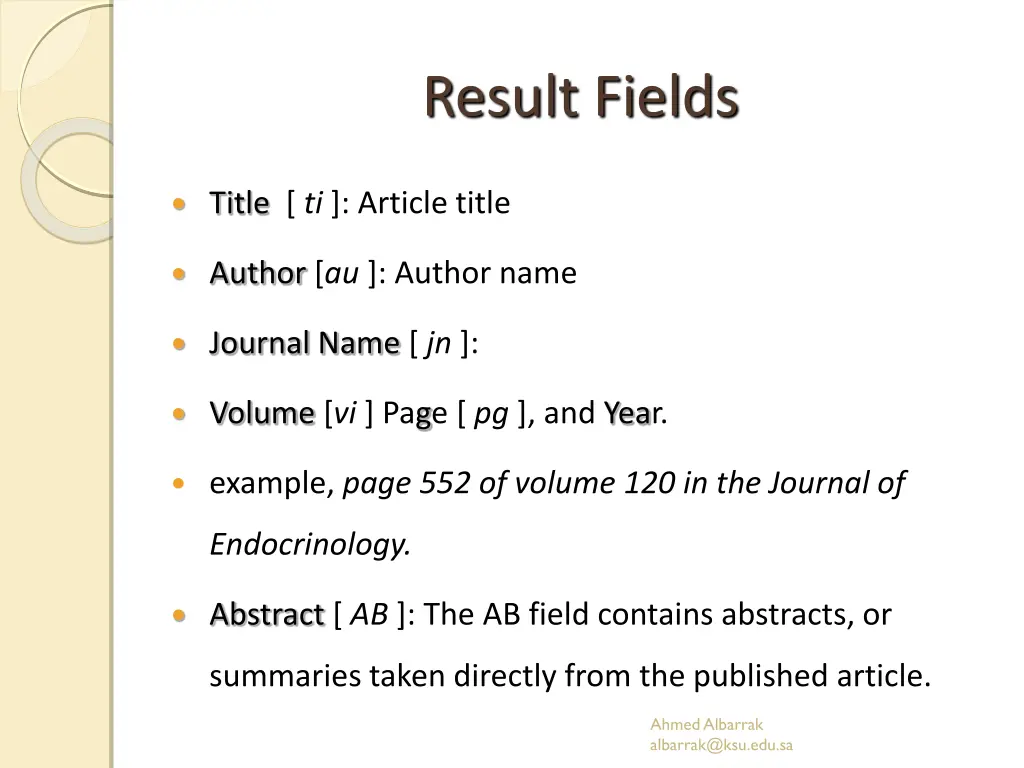 result fields