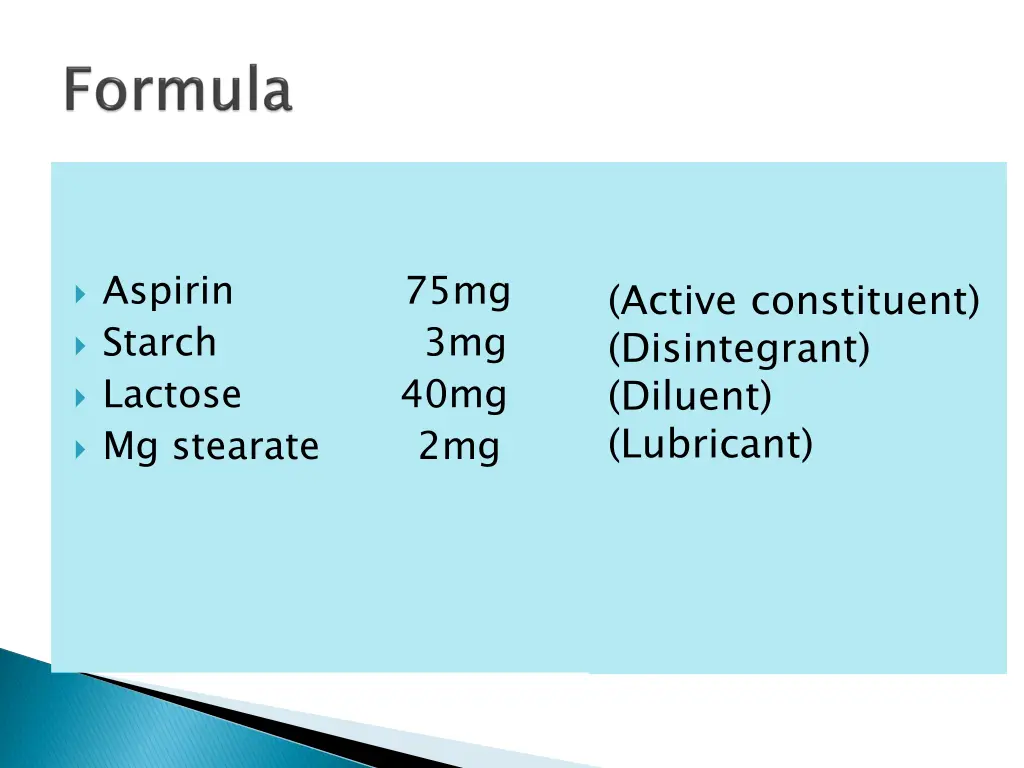 aspirin 75mg starch 3mg lactose mg stearate 2mg