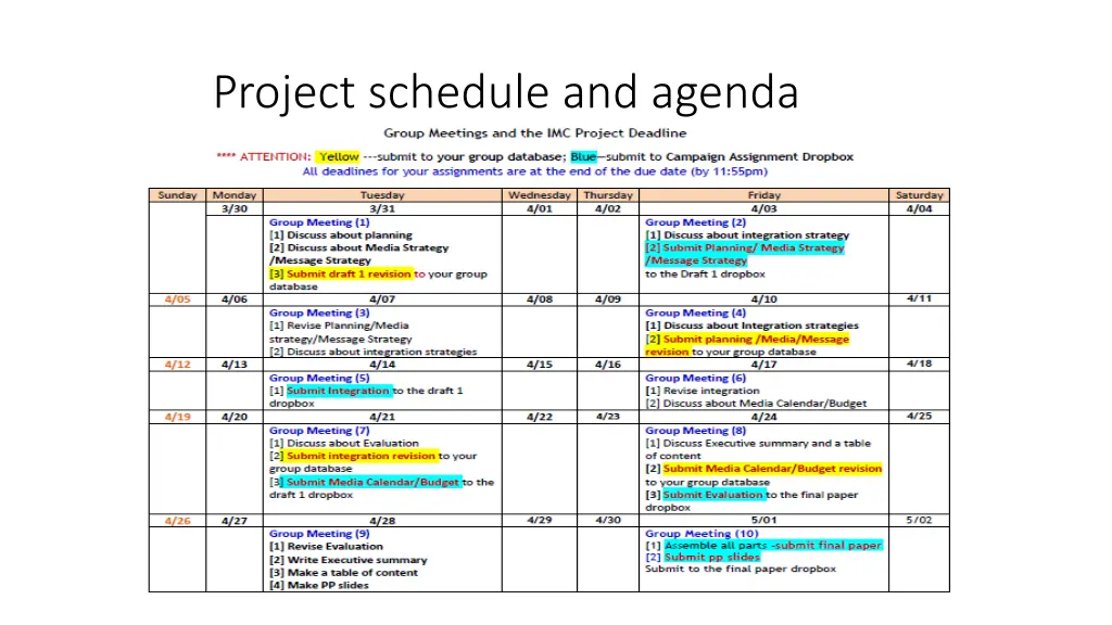 project schedule and agenda