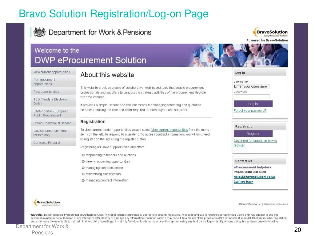 bravo solution registration log on page