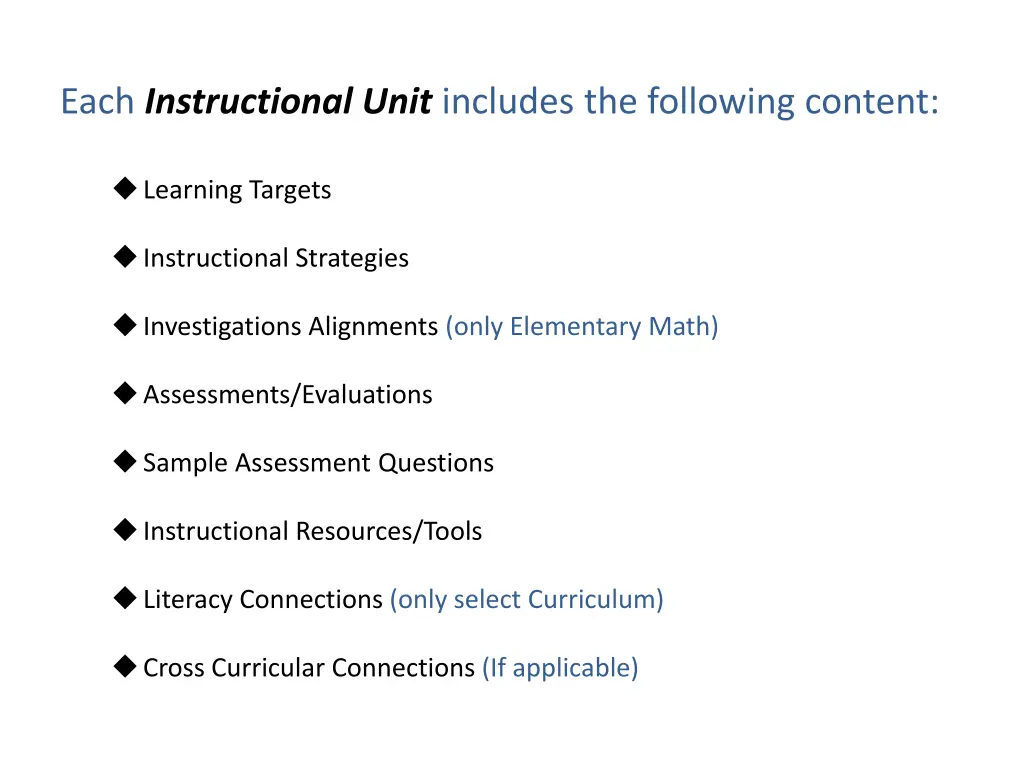 each instructional unit includes the following