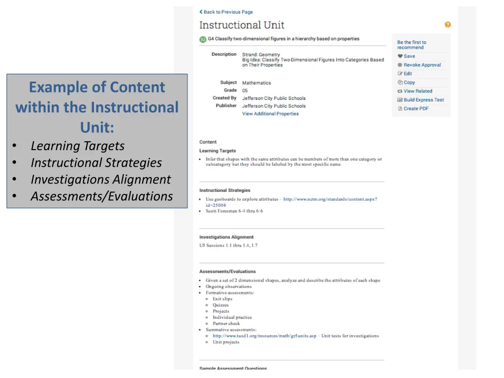 example of content within the instructional unit