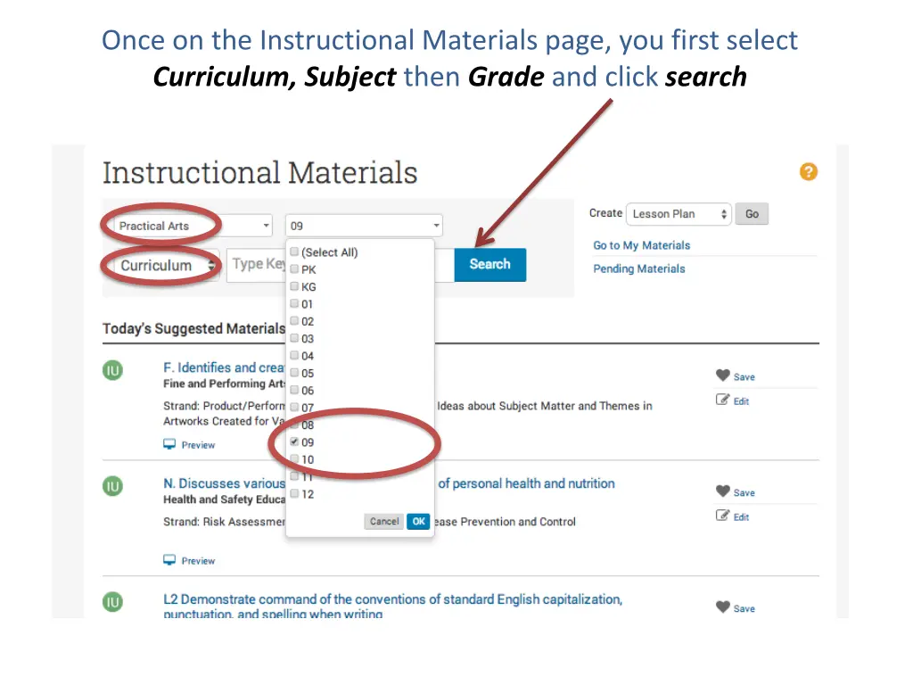 once on the instructional materials page