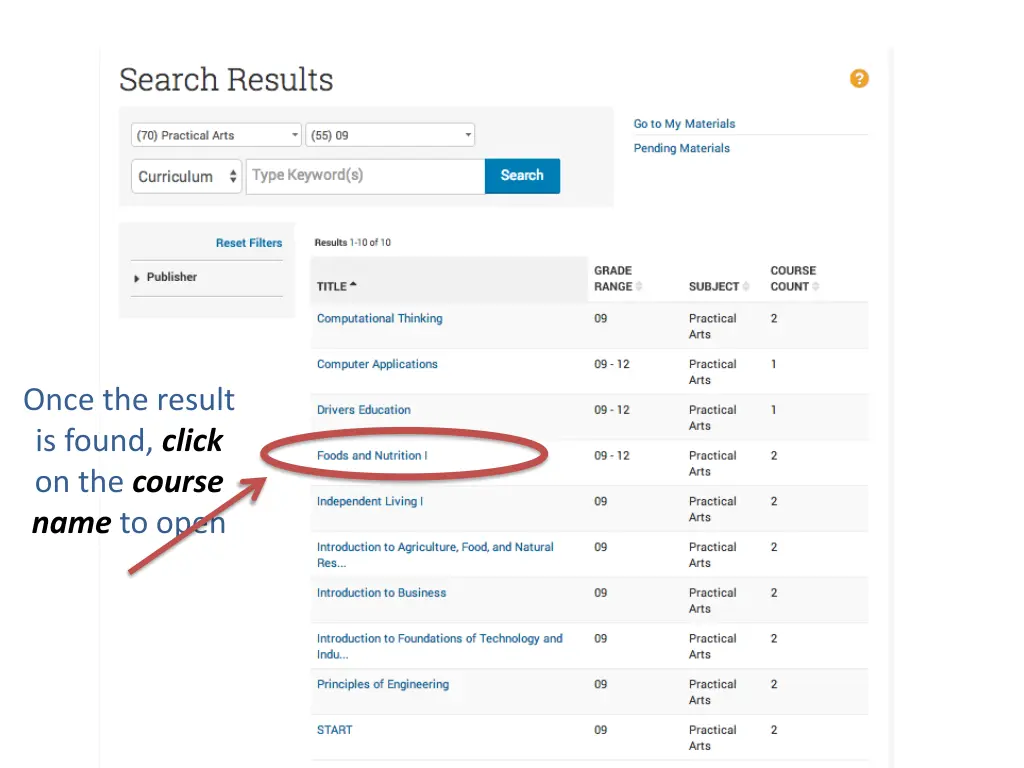 once the result is found click on the course name