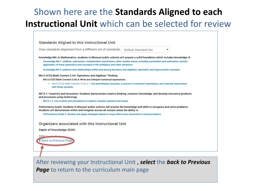 shown here are the standards aligned to each