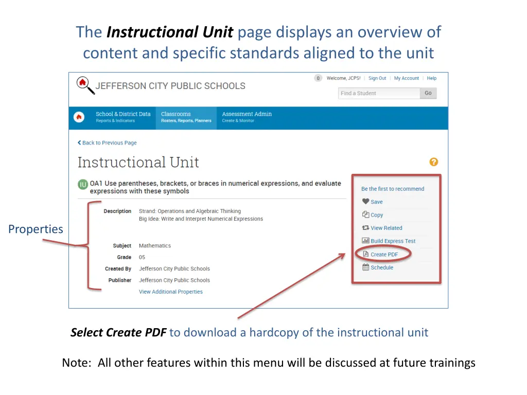 the instructional unit page displays an overview