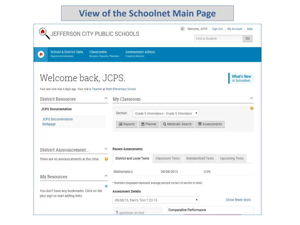 view of the schoolnet main page