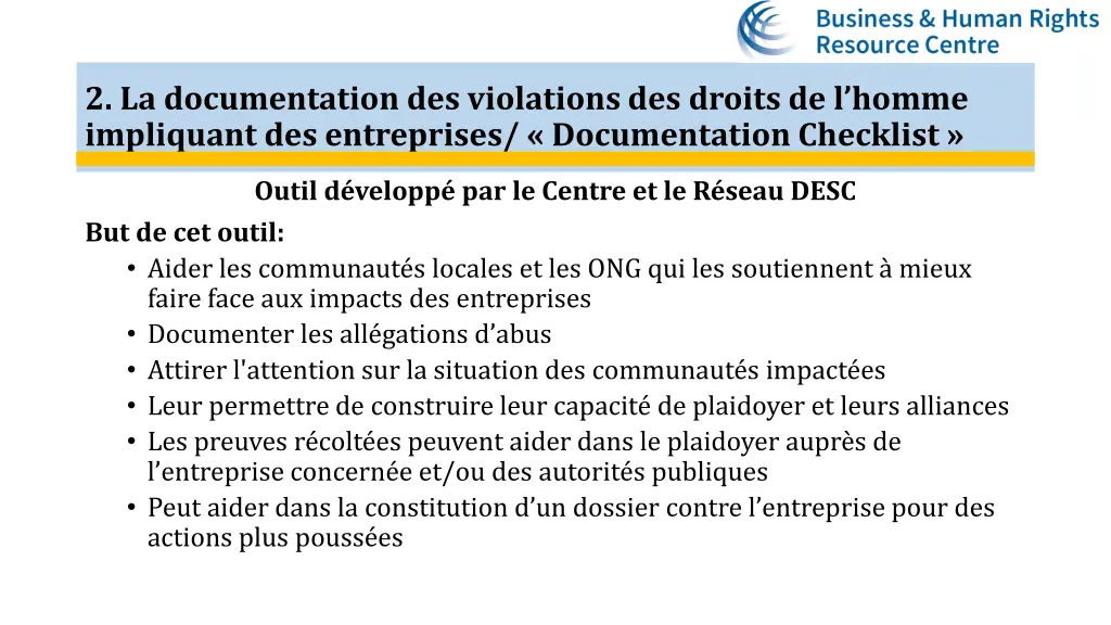 2 la documentation des violations des droits